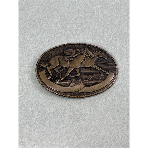 Vintage Tony Lama Solid Brass Engravable Racing Horses Belt Buckle 7616 - Picture 3 of 5